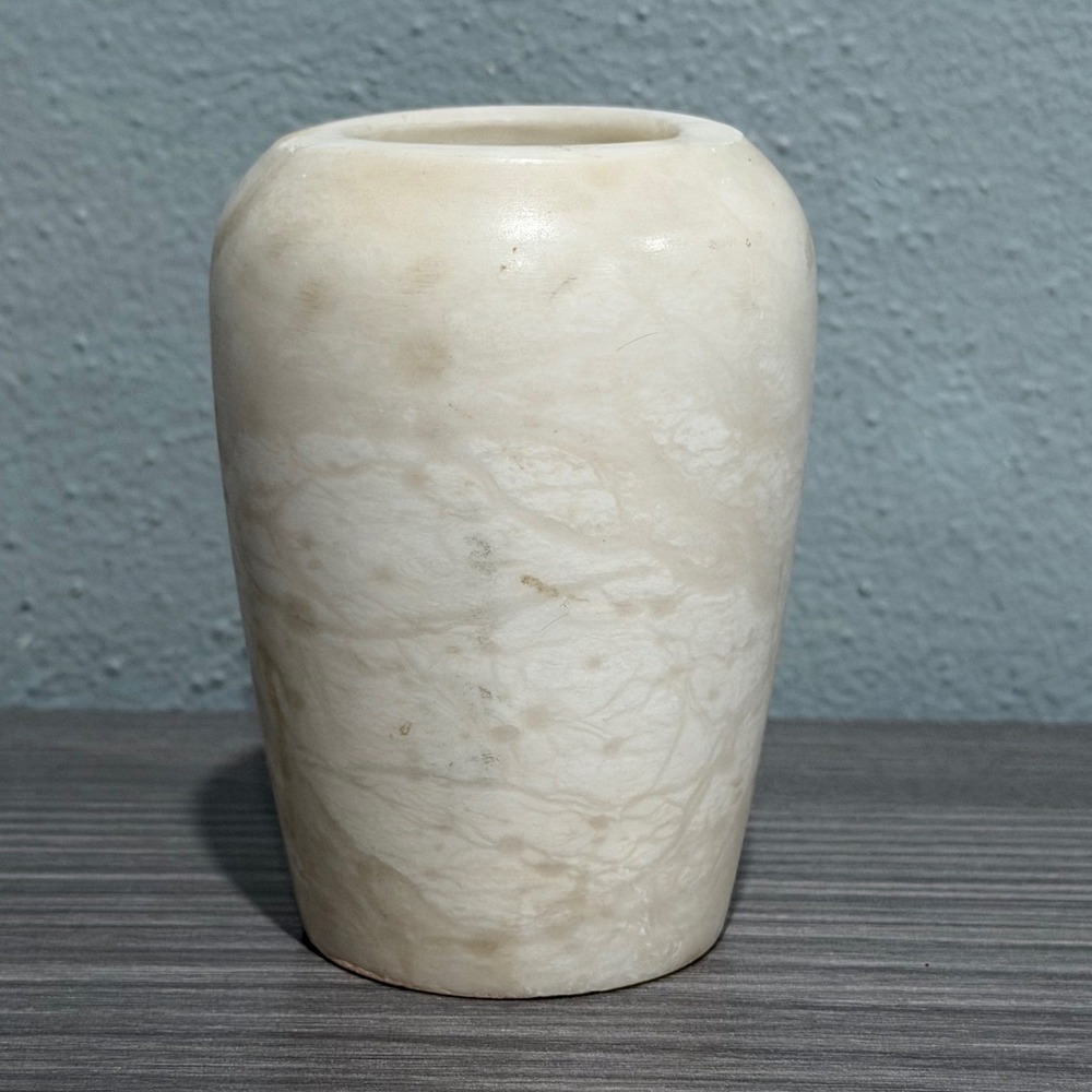 Alabaster Stone Bud Vase 3.5" Hand Turned Carved Ivory Cream Decor Vessel Vtg